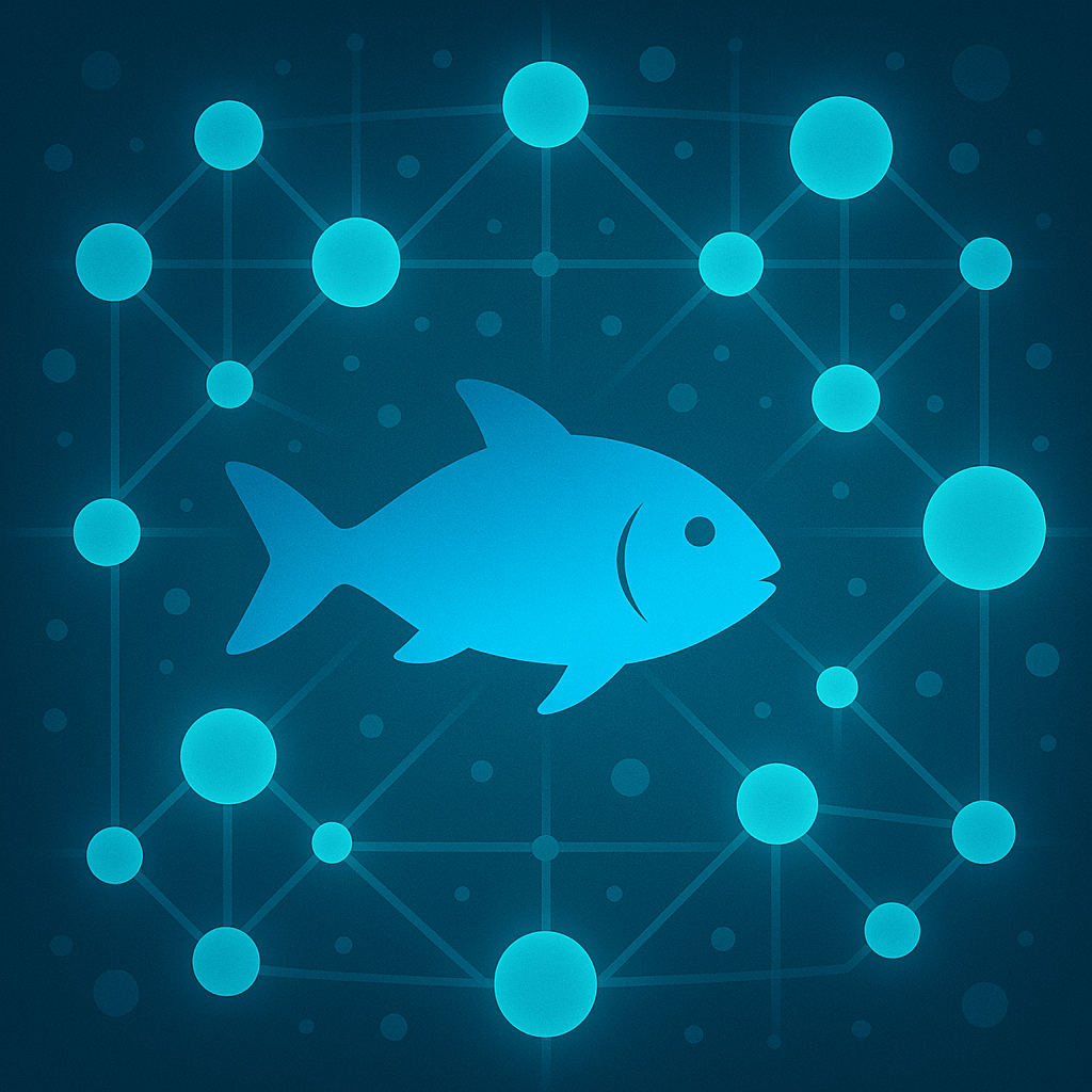 Fish surrounded by organized glowing nodes