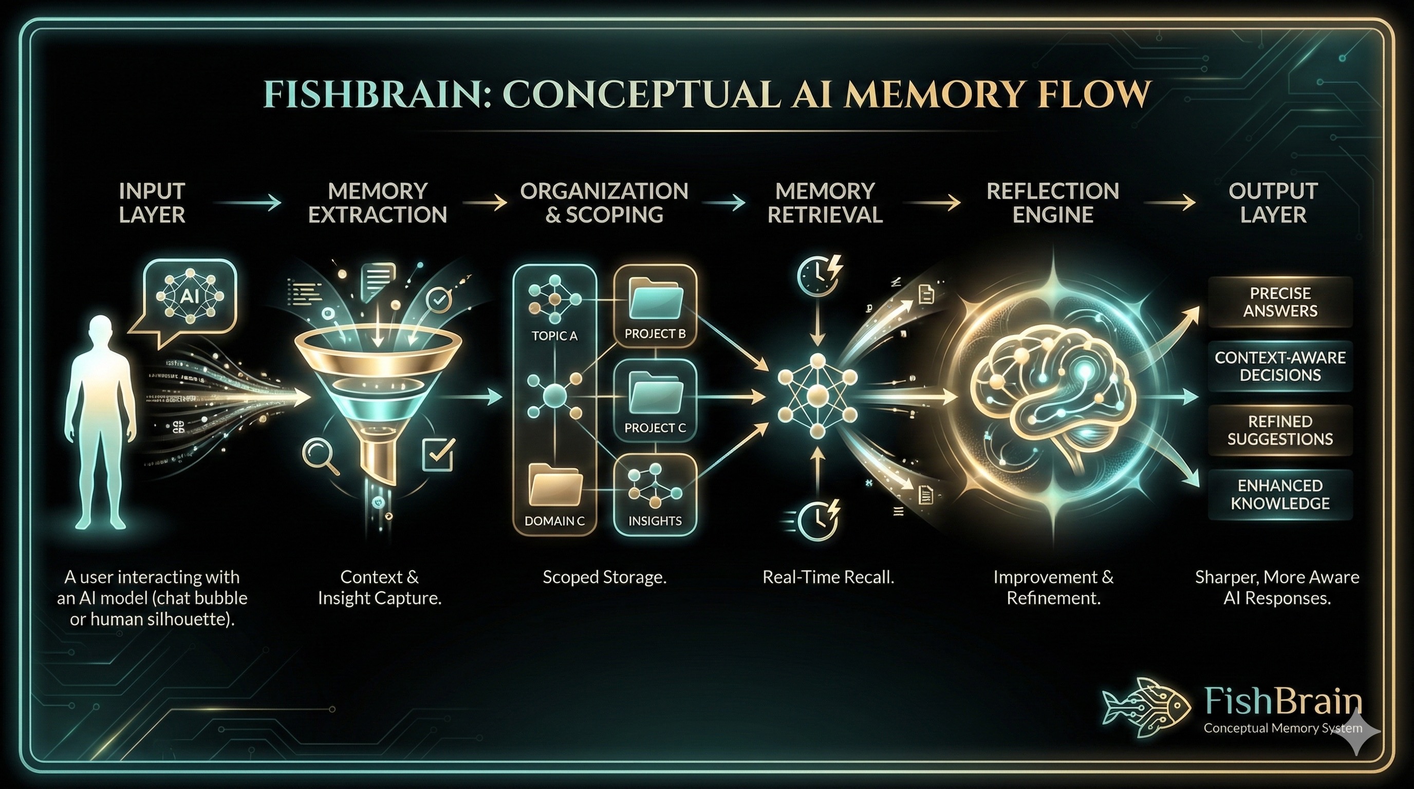 Conceptual AI memory flow in Fishbrain from input to extraction, scoped organization, retrieval, reflection, and output.