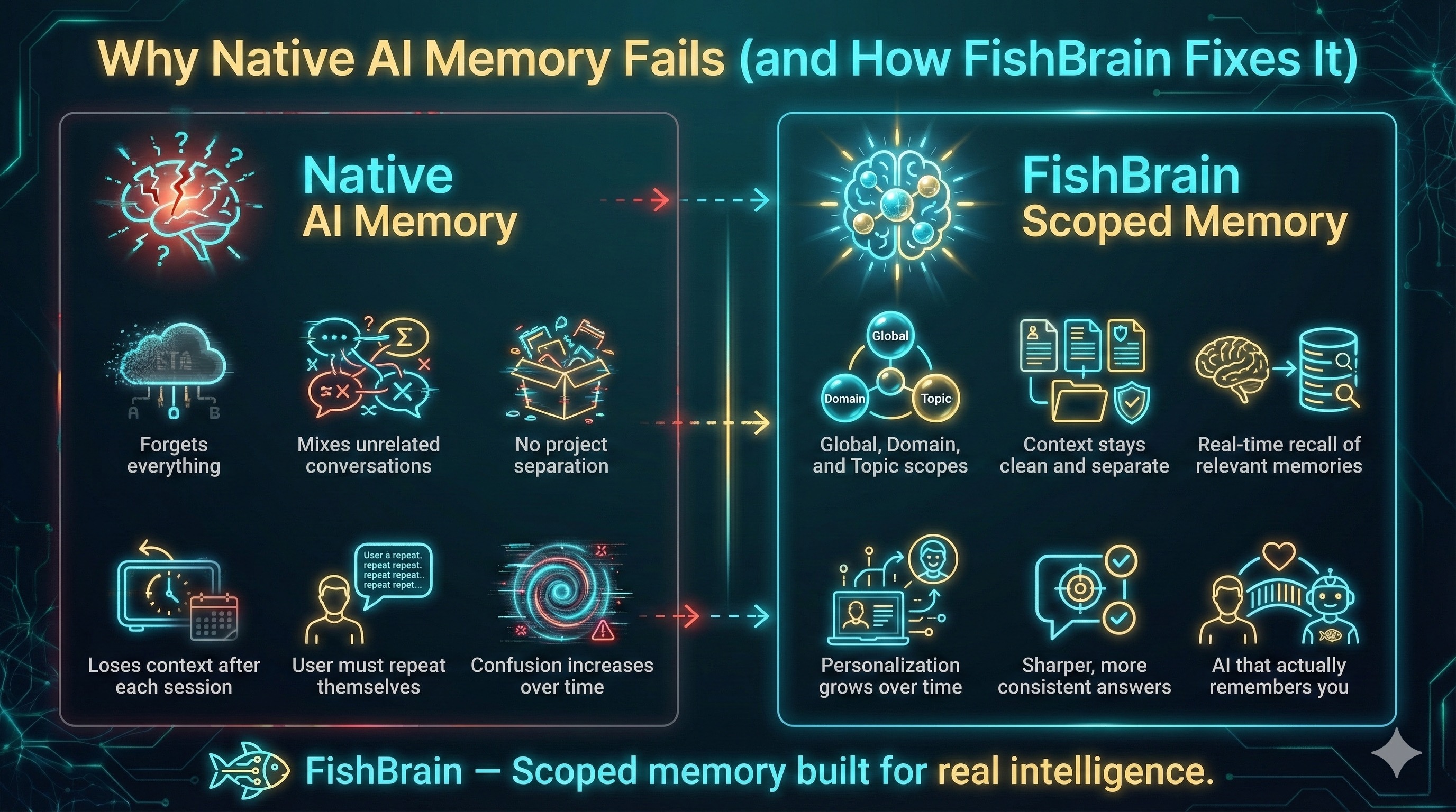 Diagram showing why native AI memory fails and how Fishbrain scoped memory fixes it.