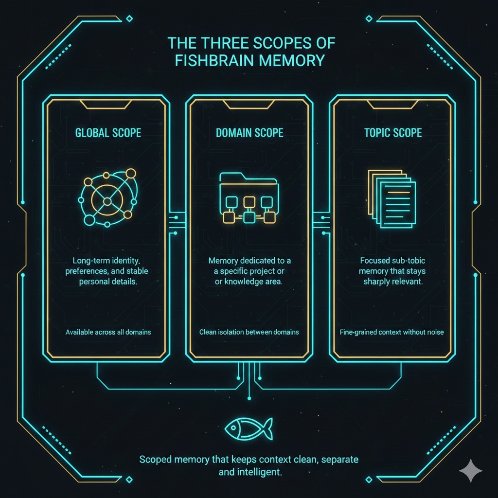 The three scopes of Fishbrain memory: Global, Domain, and Topic.