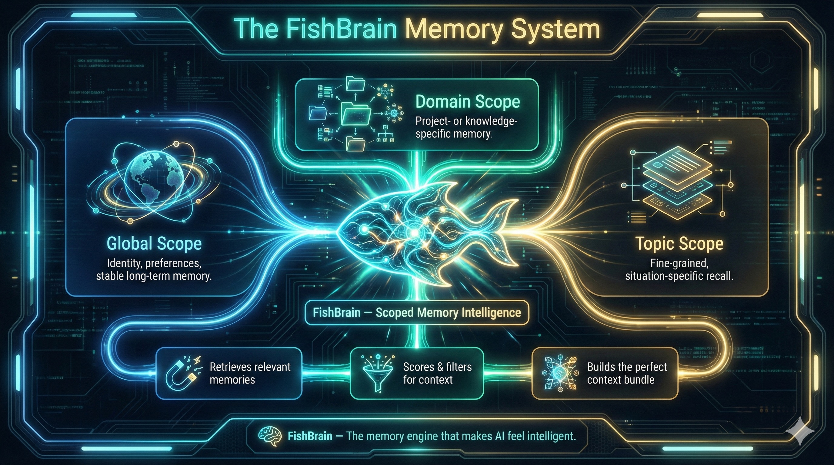 Diagram of the Fishbrain memory system showing Global, Domain, and Topic scopes feeding a central fish-shaped engine.