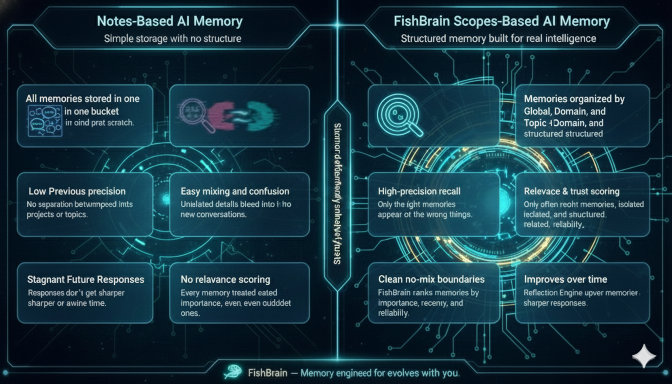 Comparison chart of notes-based AI memory versus Fishbrain scoped memory.