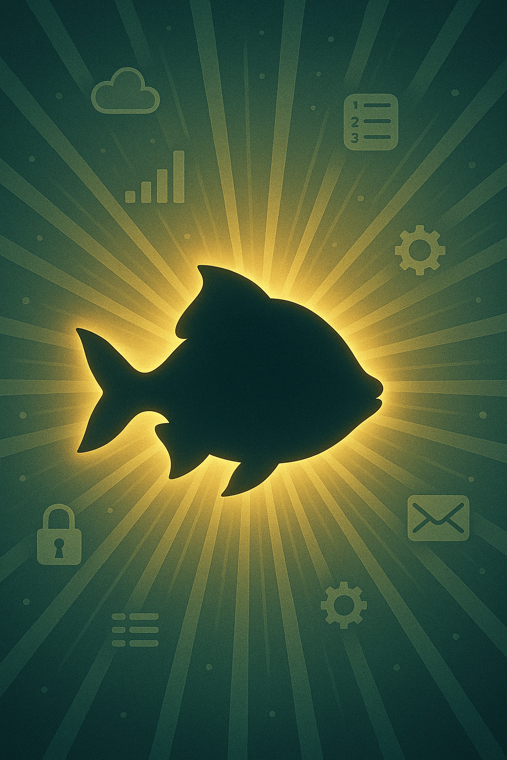 Glowing fish silhouette surrounded by light beams and data symbols