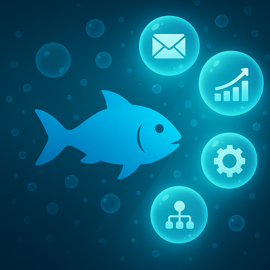 Fish swimming through glowing data bubbles with feature icons