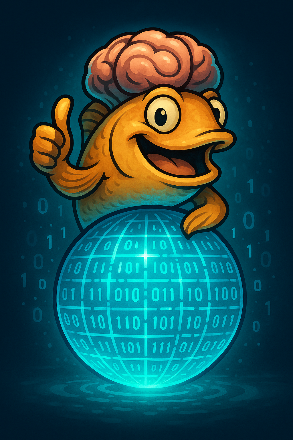 Big-brained smiling fish giving a fins up pose atop a glowing data orb