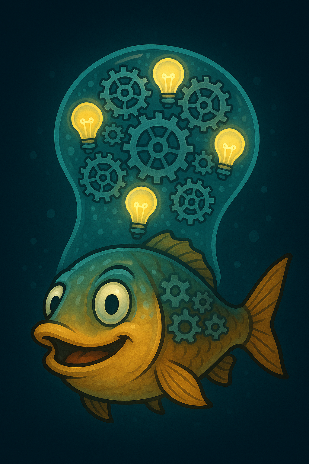 Fish with translucent brain showing gears and lightbulbs turning